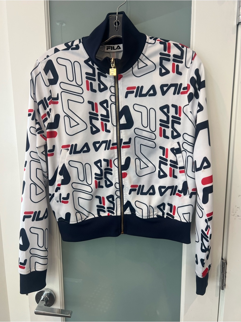 Fila White All-Over Logo Zip Bomber Jacket with Navy & Red Accents
